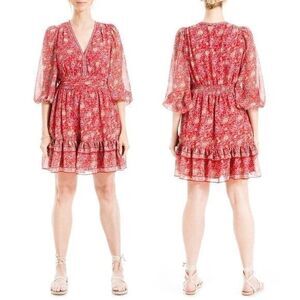 MAX STUDIO LONDON Women's Tiered Print Bohemian Red Mini Dress Coquette Babydoll
